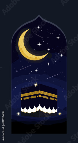 A depiction of the Kaaba in Mecca, a central element of the Hajj pilgrimage, surrounded by the Great Mosque, symbolizing the most sacred site in Islam.