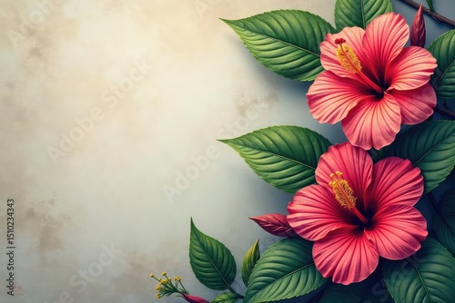 Intricate hibiscus blossoms, vibrant hues, tropical leaves , studio, fabric, pink