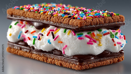 Ice cream sandwich, with colorful sprinkles on the ice cream and a crisp cookie at both ends, isolated on a white background