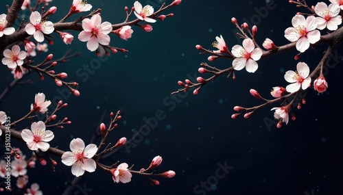 Intricate sakura branch pattern, white blossoms on dark background , artwork, sakura, botanical