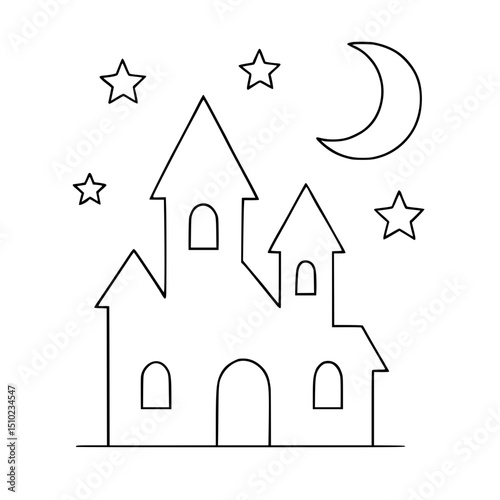 Outline of a spooky castle with stars and moon for Halloween coloring  