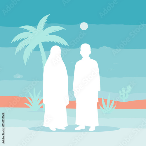 Two individuals, both dressed in white Ihram clothing, are walking together through a desert landscape, possibly during the Hajj pilgrimage in Saudi Arabia.