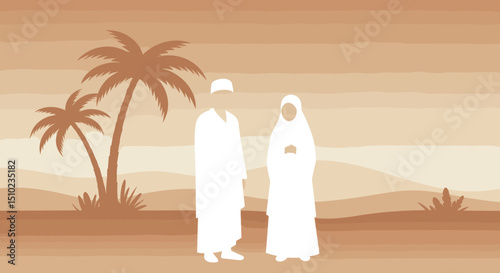 Two individuals, both dressed in white Ihram clothing, are walking together through a desert landscape, possibly during the Hajj pilgrimage in Saudi Arabia.