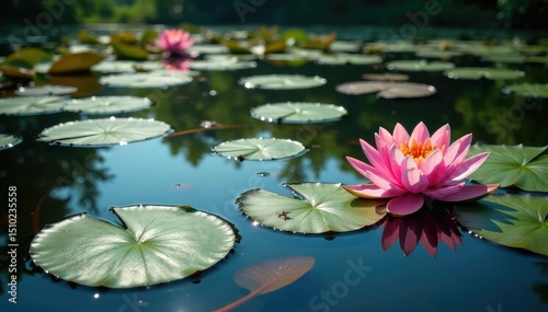 Vibrant water lilies creating floral pattern across lake, lake view, aquatic, botanical