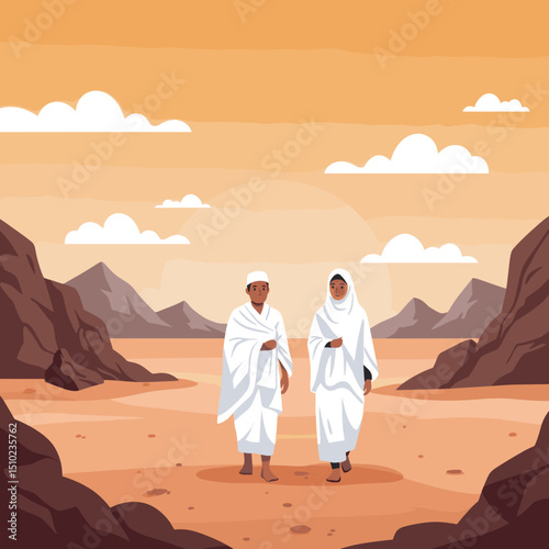 Two individuals, both dressed in white Ihram clothing, are walking together through a desert landscape, possibly during the Hajj pilgrimage in Saudi Arabia.