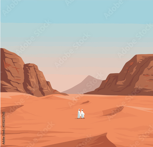 Two individuals, both dressed in white Ihram clothing, are walking together through a desert landscape, possibly during the Hajj pilgrimage in Saudi Arabia.