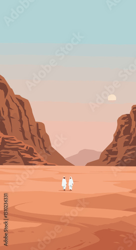 Two individuals, both dressed in white Ihram clothing, are walking together through a desert landscape, possibly during the Hajj pilgrimage in Saudi Arabia.