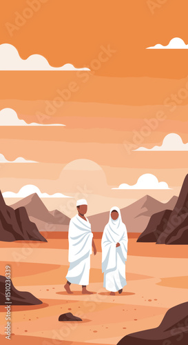 Two individuals, both dressed in white Ihram clothing, are walking together through a desert landscape, possibly during the Hajj pilgrimage in Saudi Arabia.