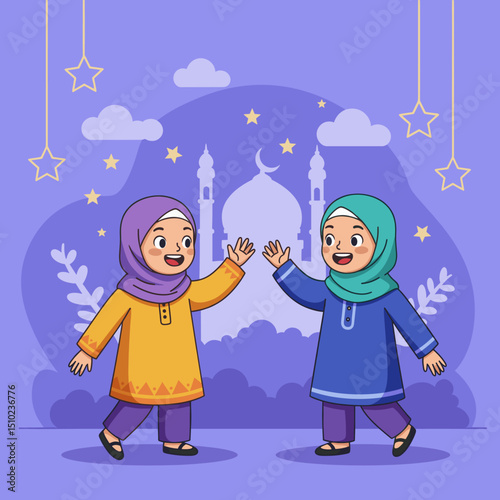 A man and a woman stand together in front of a mosque, symbolizing unity and a peaceful religious setting, most likely celebrating Eid.