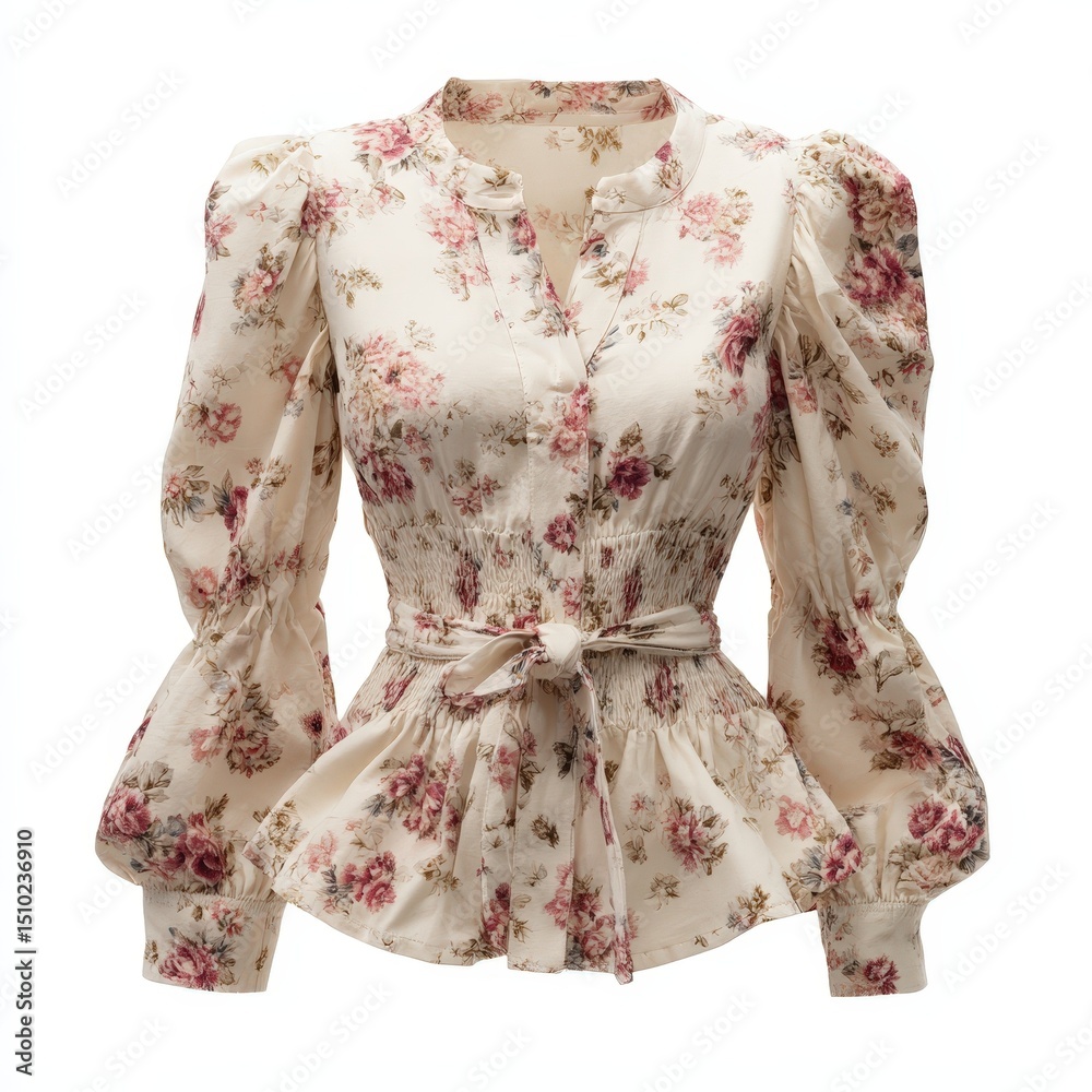 Obraz premium Elegant Cream Floral Blouse with Puff Sleeves and Waist Belt Women's Fashion Apparel