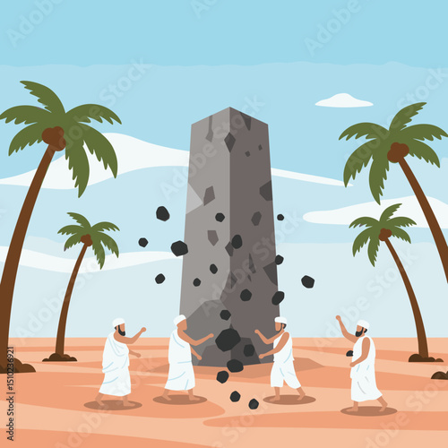 A person is performing the symbolic act of casting stones at the Jamarat, a key part of the Hajj pilgrimage, representing rejection of evil.