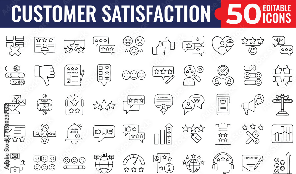Fototapeta premium Customer Feedback and Satisfaction Line Icon Set – Vector Icons for Web and Mobile UI Featuring Ratings, Reviews, Likes, Dislikes, Testimonials, and Client Experience Tools
