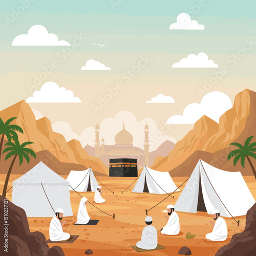 A vast desert landscape filled with white tents, symbolizing the tent cities where pilgrims stay during the Hajj pilgrimage in Saudi Arabia.