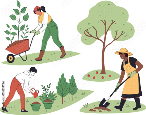 Person Pushing Wheelbarrow Filled with Plants – Gardening and Farming Vector Illustration