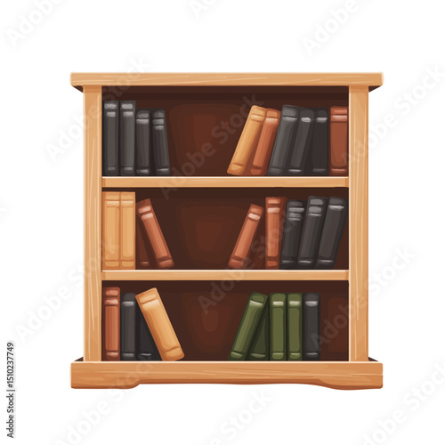 Wooden Bookshelf 2D flat vector illustration, isolated on a white background.