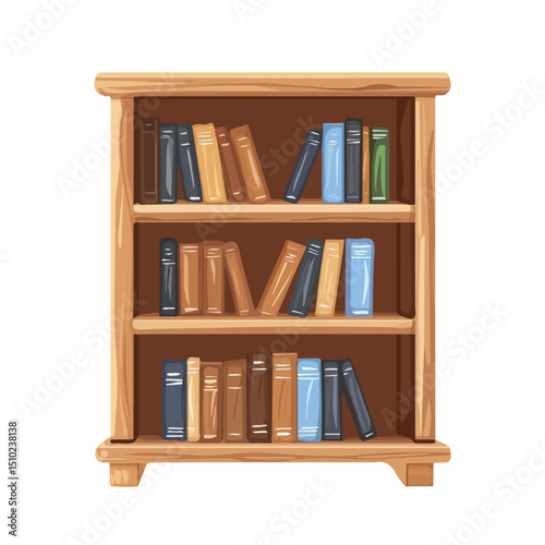 Wooden Bookshelf vector 2D flat illustration, isolated on a white background.