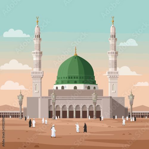 The golden dome of a mosque with several people outside, creating a peaceful atmosphere of worship and spirituality in an Islamic context.
