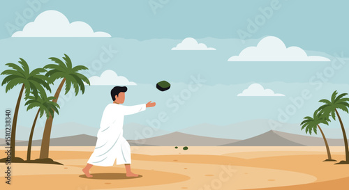 Description: A person is performing the symbolic act of casting stones at the Jamarat, a key part of the Hajj pilgrimage, representing rejection of evil.
Keywords: Hajj, pilgrimage, Jamarat, stoning,