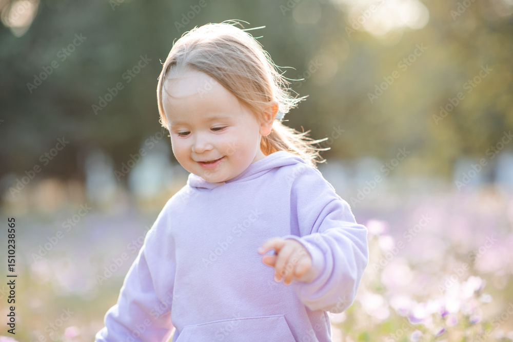 Smiling cute kid girl 3-4 year old wearing hoodie in meadow over flowers outdoors. Summer season. Happiness. Smiling cute kid girl 3-4 year old wearing hoodie in meadow over flowers outdoors. Summer season. Happiness.
