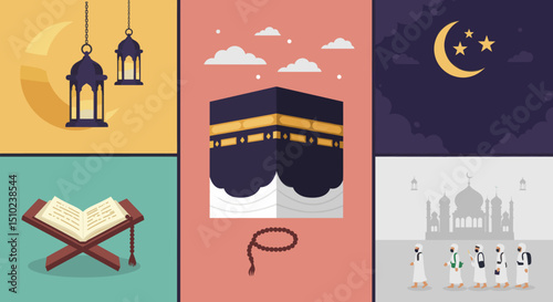 A depiction of the Kaaba in Mecca, a central element of the Hajj pilgrimage, surrounded by the Great Mosque, symbolizing the most sacred site in Islam.