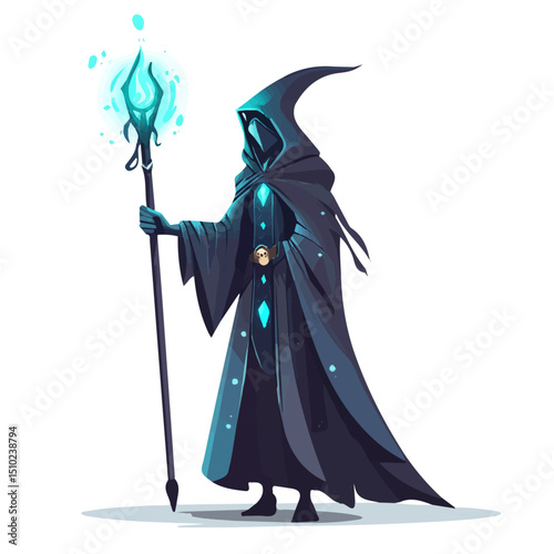 Sorceress With Staff 2D flat vector illustration, isolated on a white background.