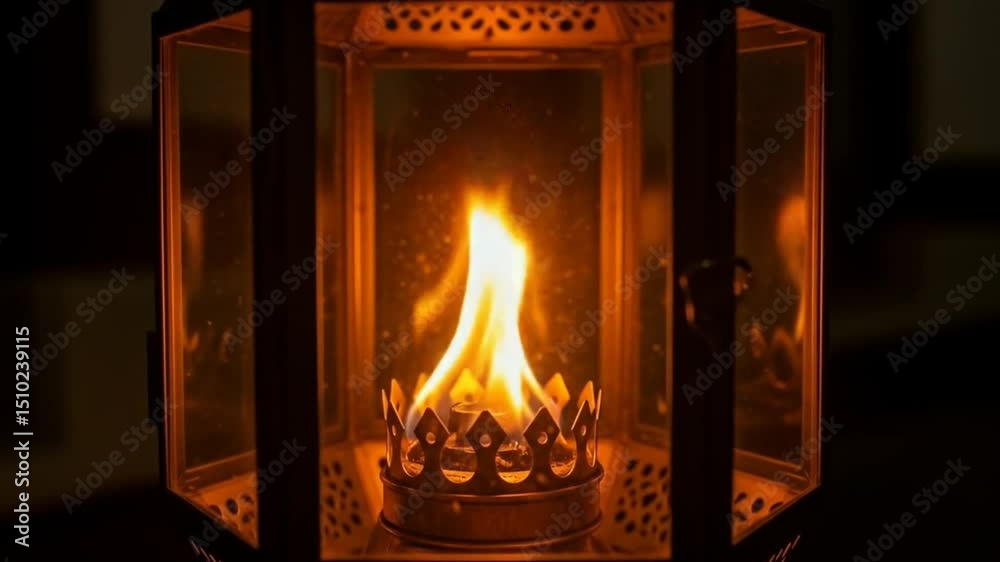 Burning oil lamp flame in a vintage lantern