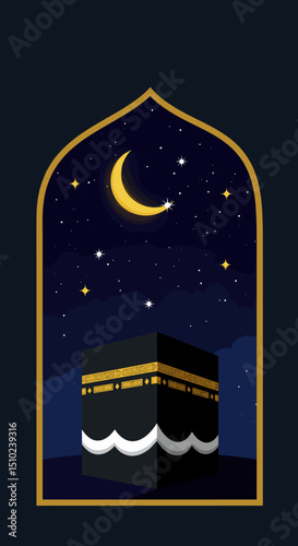 A depiction of the Kaaba in Mecca, a central element of the Hajj pilgrimage, surrounded by the Great Mosque, symbolizing the most sacred site in Islam.