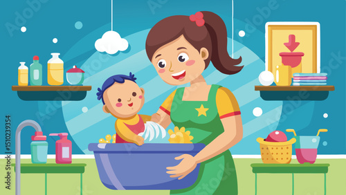Mother giving a baby bath in a blue tub full of bubbles and toys
