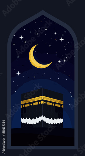 A depiction of the Kaaba in Mecca, a central element of the Hajj pilgrimage, surrounded by the Great Mosque, symbolizing the most sacred site in Islam.