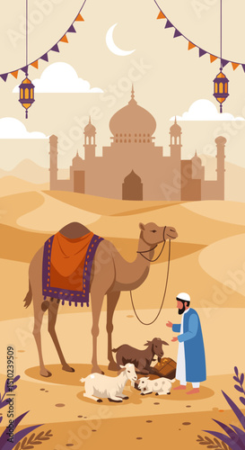 A person is seen offering a camel and a goat, with a traditional setting in the background, possibly depicting an Islamic festival such as Eid al-Adha.