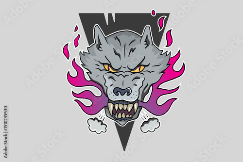 2d vector image of a wolf  head with flames, design for printing on T-shirts, stickers.