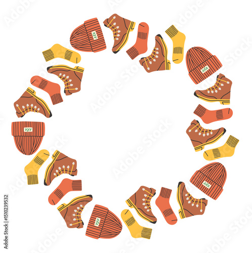 Vector circular frame made of camping boots, socks, and beanies. The warm tones and simple style make it fun and friendly, great for sticker, tag, cards designs.