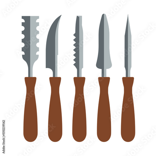 Set of Five Different Carving Tools Illustration with Wooden Handles for Woodworking and Crafts