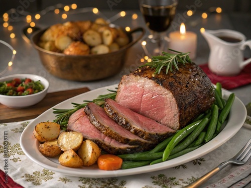 Roasted beef with vegetables, potatoes, and wine in a cozy, festive dining setting with candles and lights.
