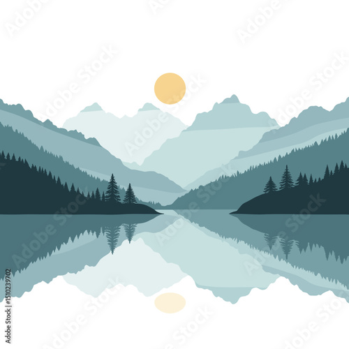 Serene Mountain Landscape Reflection Illustration with Trees and a Calm Lake at Sunset