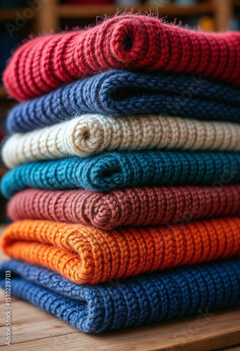 Stack of colorful folded sweaters, cozy winter knitwear warm clothing concept
