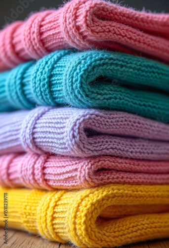 Stack of colorful folded sweaters, cozy winter knitwear warm clothing concept