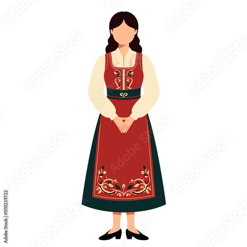 Illustration of a Woman Wearing a Traditional Norwegian Folk Costume, the Bunad, Standing with Hands Clasped