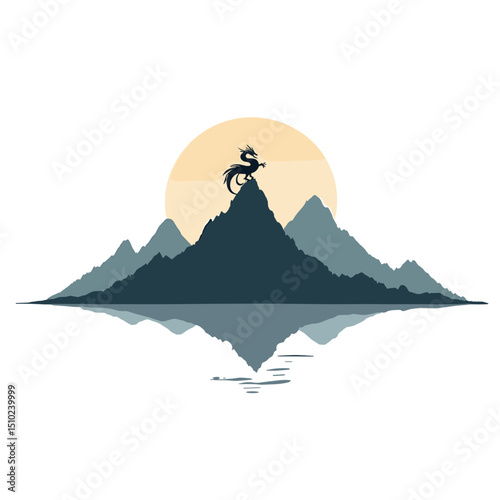 Majestic Dragon Silhouette Perched Atop Mountain Peak with Sun and Water Reflection Landscape Illustration
