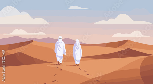 Two individuals, both dressed in white Ihram clothing, are walking together through a desert landscape, possibly during the Hajj pilgrimage in Saudi Arabia.