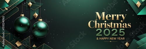 Christmas themed background and template with modern and premium design,Christmas ball decoration hanging on background and geometric effect, Merry Christmas 2025 and Happy New Year Greetings
