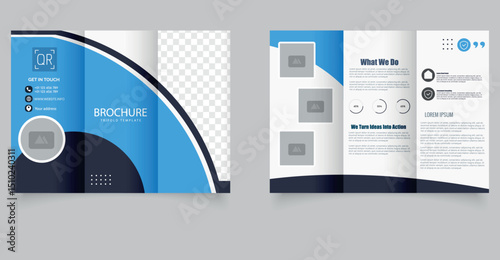 Professional trifold brochure template with blue wave design and transparent image placeholders, perfect for corporate branding, business promotion, and marketing presentations.