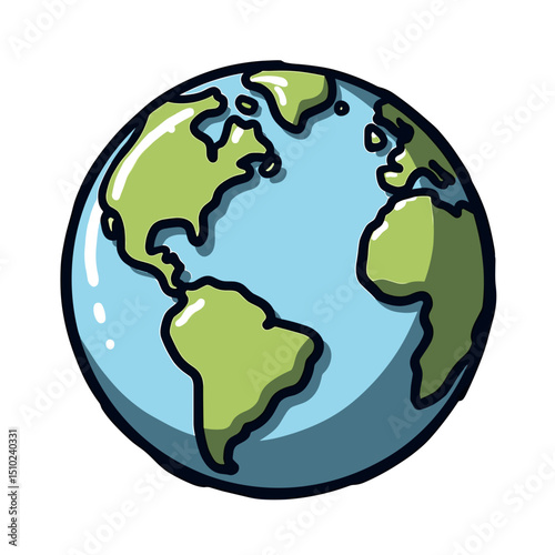Cartoon Globe Illustration with Green Continents and Blue Oceans, Representing Earth and Geography