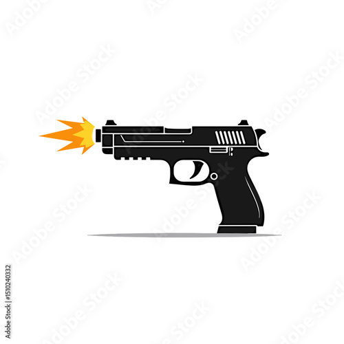 Black Handgun Firing with Orange Flame Illustration on White Background, Weapon Safety and Gun Control Concept