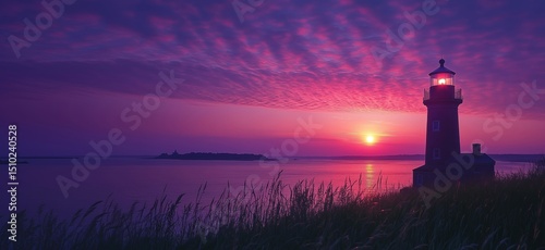 Wallpaper Mural Stunning sunset over lighthouse with vibrant purple sky and calm waters Torontodigital.ca
