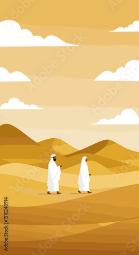 Two individuals, both dressed in white Ihram clothing, are walking together through a desert landscape, possibly during the Hajj pilgrimage in Saudi Arabia.