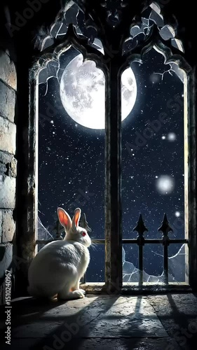 Silhouette of a rabbit sitting next to a window with a full moon background and gothic stars. generative ai