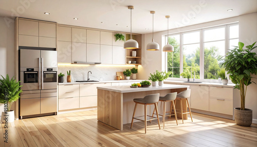 Wallpaper Mural a modern kitchen with sleek cabinetry and a contemporary design. it features white cabinets and stainless steel appliances including a refrigerator, oven, and a microwave above the oven Torontodigital.ca