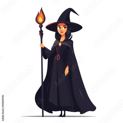 2D flat Sorceress With Staff vector illustration, isolated on a white background.