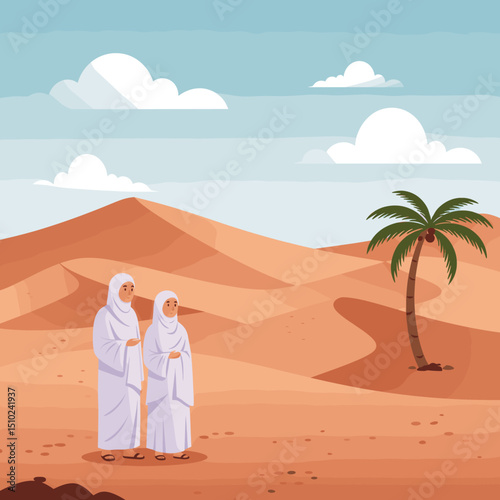 Two individuals, both dressed in white Ihram clothing, are walking together through a desert landscape, possibly during the Hajj pilgrimage in Saudi Arabia.